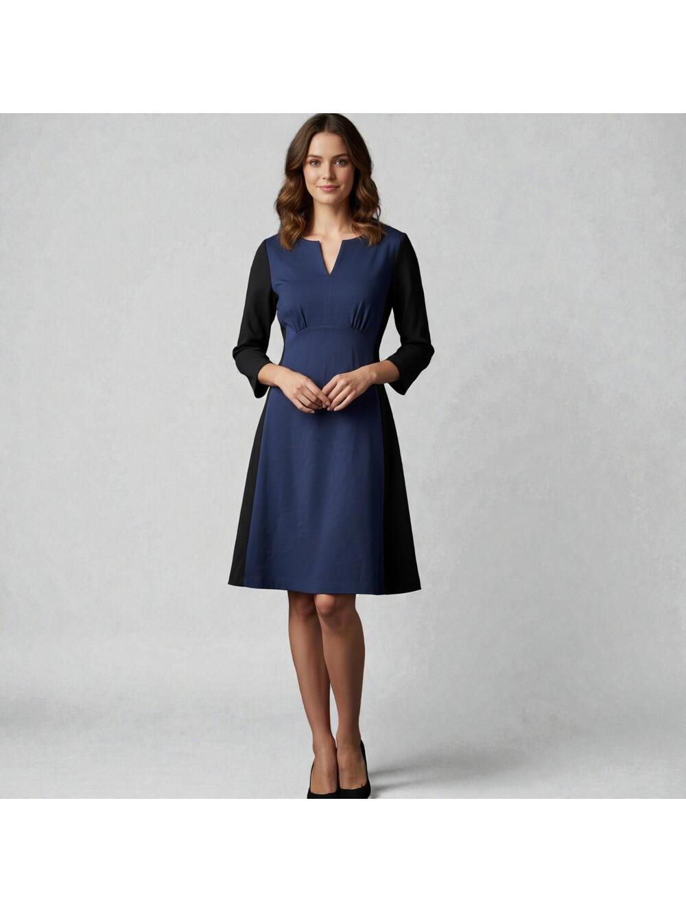 Kate Spade Blue Black Colorblock Ponte Dress 8 V-Neck A-Line Midi Work Business